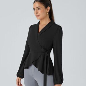 Shawl Collar Wrapped Tie Side Ruffle Hem Work Blouse